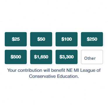 Donation graphic showing donation options of 25/50/100/250/500/1650/3300 dollars.