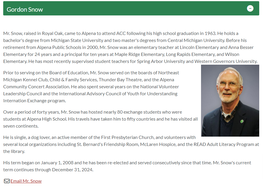 Gordon Snow's bio on Alpena Public Schools Site